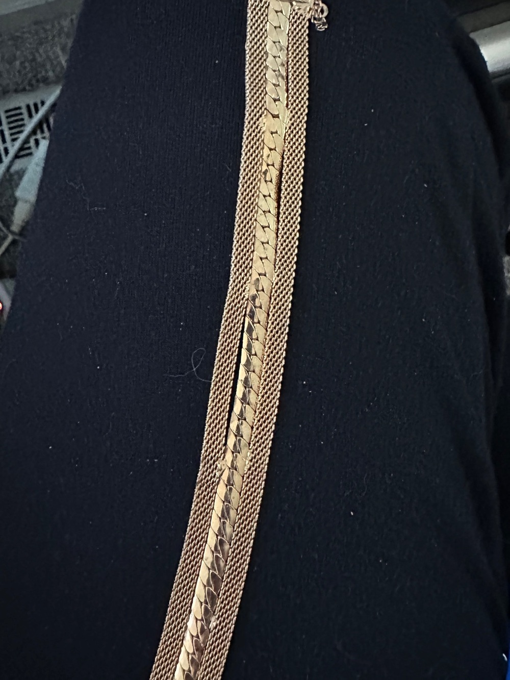 Vintage Gold Tone Mesh & Curb Chain Wide Bracelet 7.5" Safety Chain